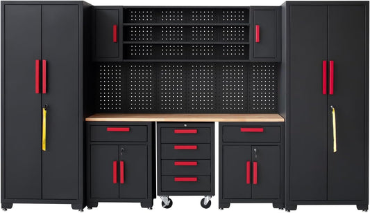 Garage Cabinet Storage System - 9-Piece Workshop Set w/Steel Cabinets & Workbench Includes Rolling Chest & Pegboard | Heavy-Duty Black & Red Tool Organization for Garage/Workshop