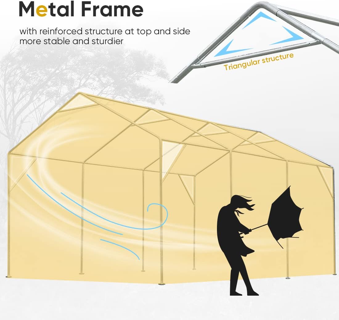 ADVANCE OUTDOOR 10x20 ft Adjustable Height Carport with Removable Window Sidewalls and Doors, Heavy Duty Car Canopy Garage Party Tent Boat Shelter with Reinforced Poles, Beige