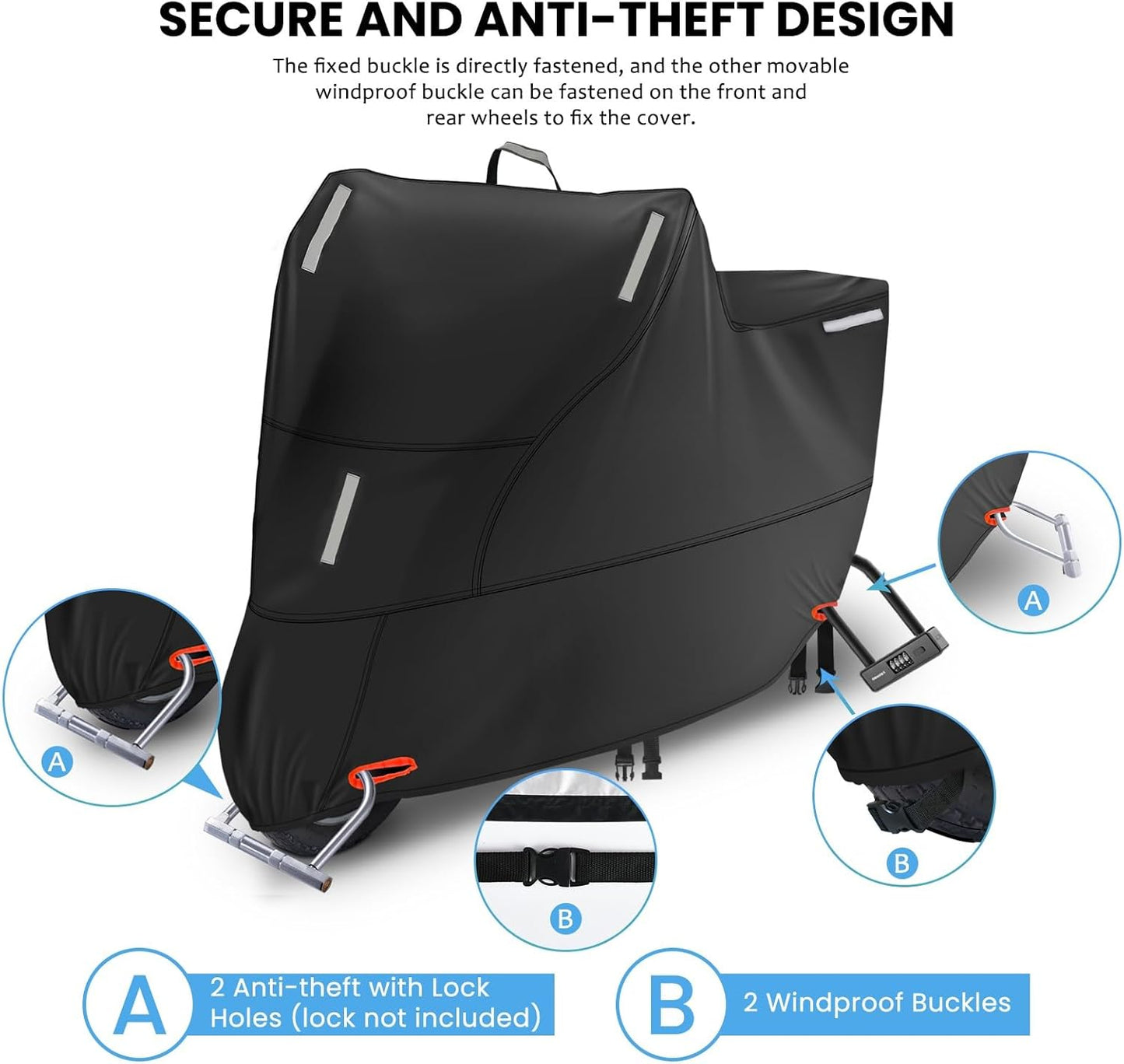 Motor Bike Cover Waterproof Outdoor, Motorbike Scooter Moped Cover Sun Rain Dust Protection with 5 Reflective Strips and 2 Fixed Buckles, 2 Lock-Holes for Most Motorcycles (L: 81x37x43 inch)