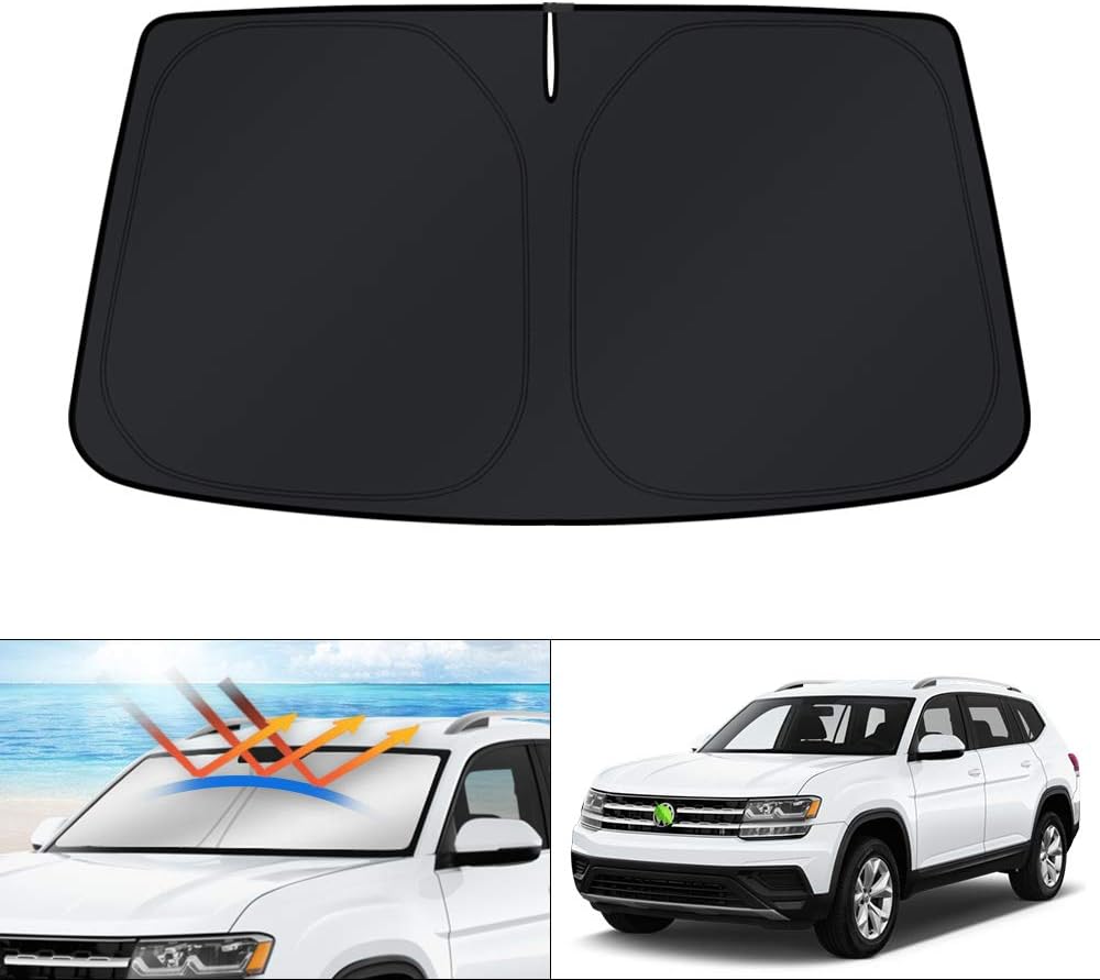 KUST Windshield Sun Shade for Volkswagen Atlas Accessories 2018-2024 2025 VW Atlas Cross Sport Sunshade Foldable Sun Visor Protector Blocks UV Rays Keep Your Car Cooler