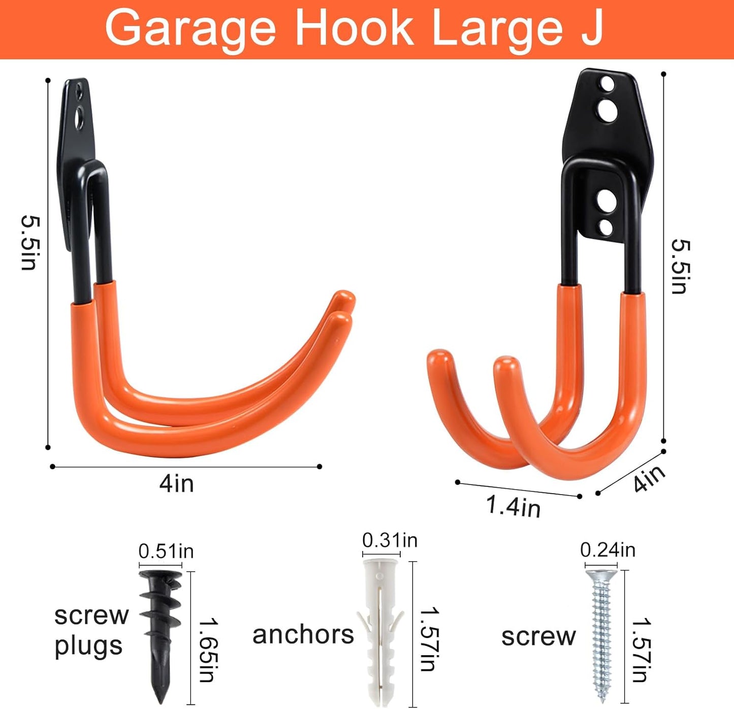 AOBEN Garage Hooks Heavy Duty, Steel Garage Storage Hooks, Utility Tool Hangers and Combinable Wall Mount for Organizing Ladders, Bikes, Hoses, and More Equipment (Large J, 6 Pack)