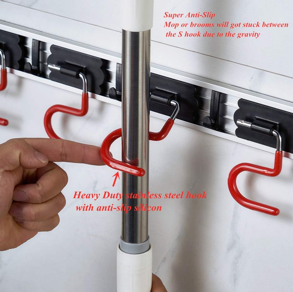 QBOSO Wall Mounted Mop and Broom Holder Stainless Steel S Type Broom Rack Anti-Slip Mop Organizer (17 Inches,4 Positions 3 Hooks, Red black)