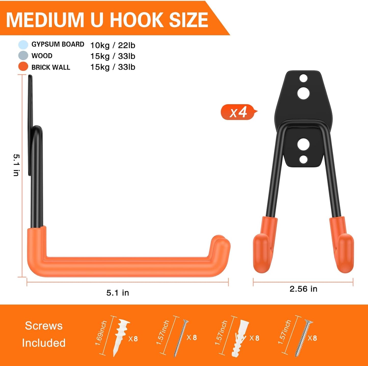 Heavy Duty Garage Hooks 4 Pack, 5.1 inch Medium U Shaped Hanger, Wall Mounted Storage System, Power and Garden Tool Organizer, for Hanging Ladders, Hose, Bulk Items and More