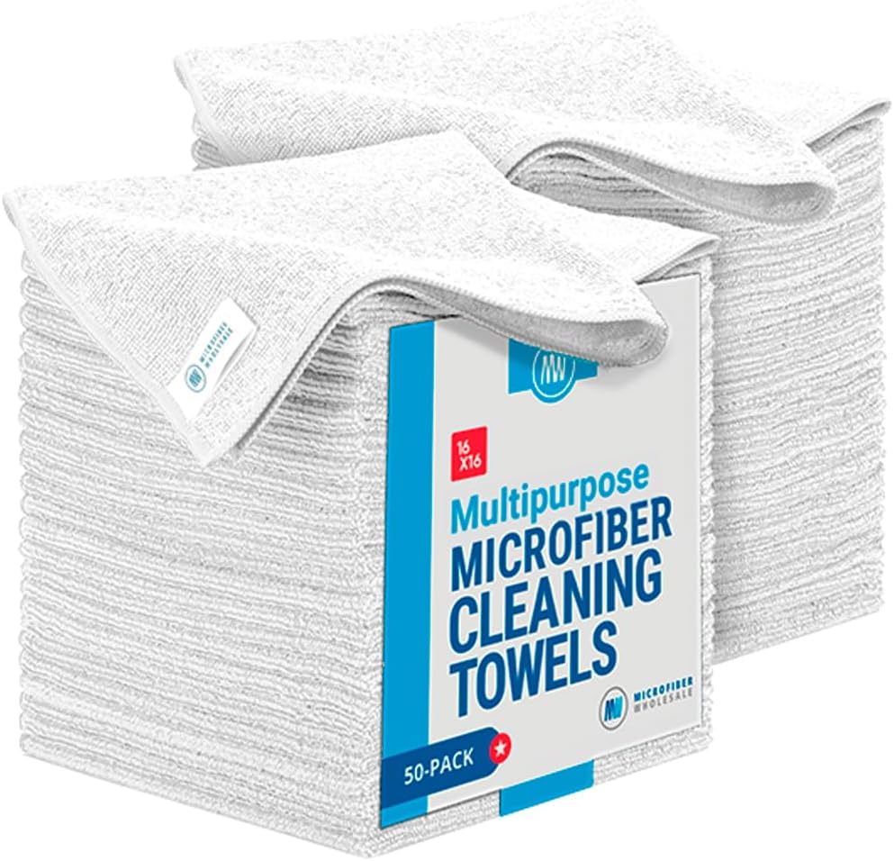 All Purpose Microfiber Towels - 50 Pack - Reusable Wash Cloths, Dust, Kitchen, Car, Shop Rags for Cleaning (White)