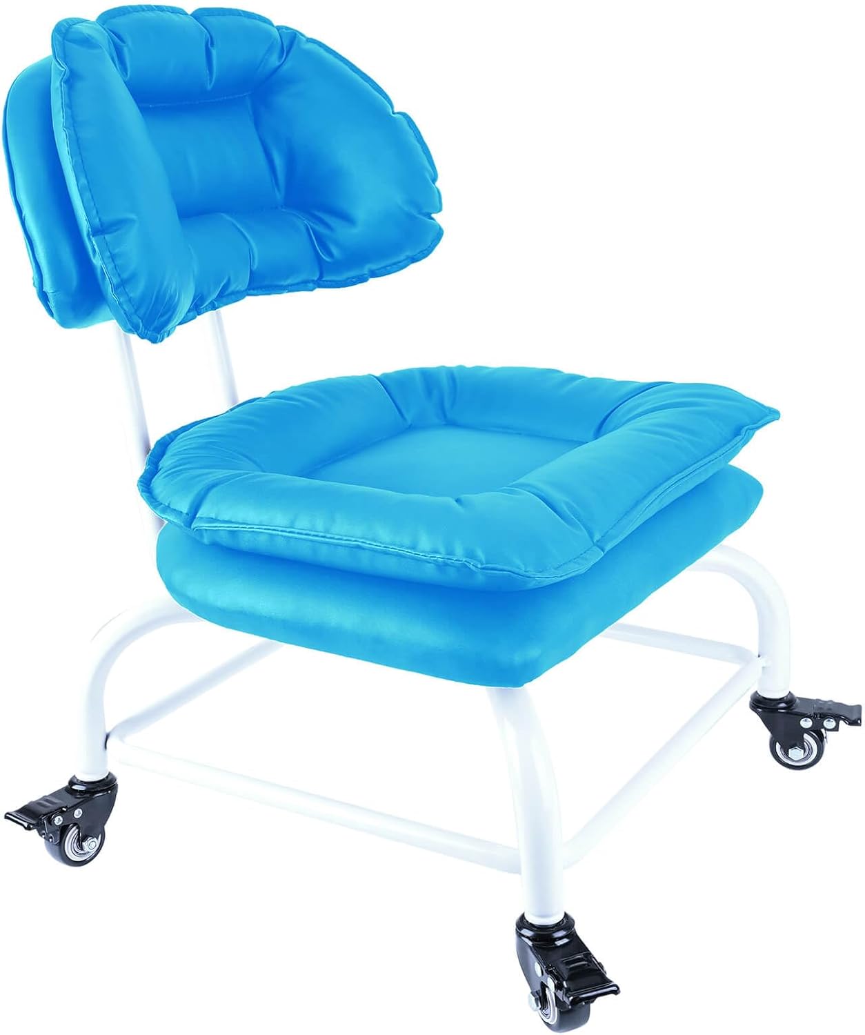 Rolling Stool Wide Seat with Back Rolling Chair 4 Wheels with Brakes for Home Office Garage Shop Waterproof Roller Seat Durable Steel Stand Blue