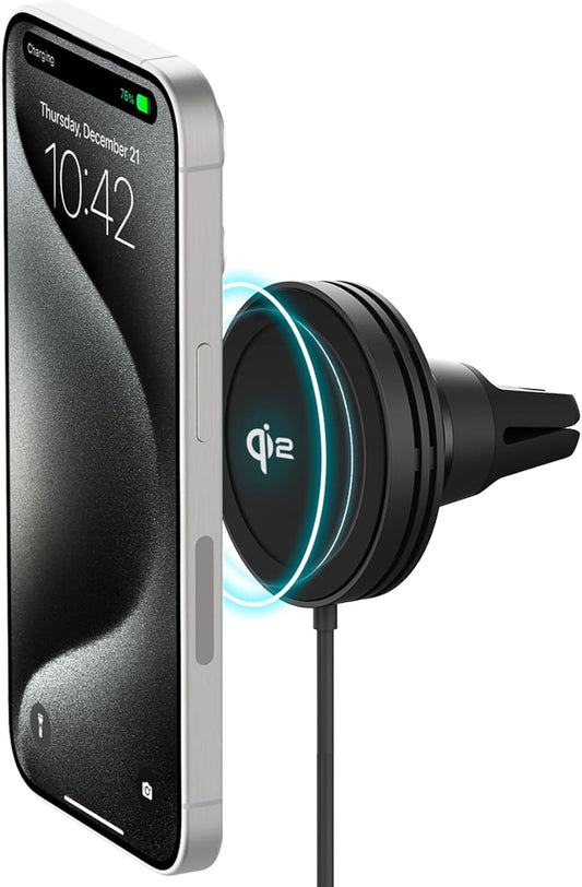 iOttie Velox Qi2 Mini Wireless Charging Car Mount - MagSafe Compatible Air Vent Phone Mount with 15W Charging for Qi2-enabled Smartphones Including iPhone 12, 13, 14, 15 and 16. Car Charger Included.