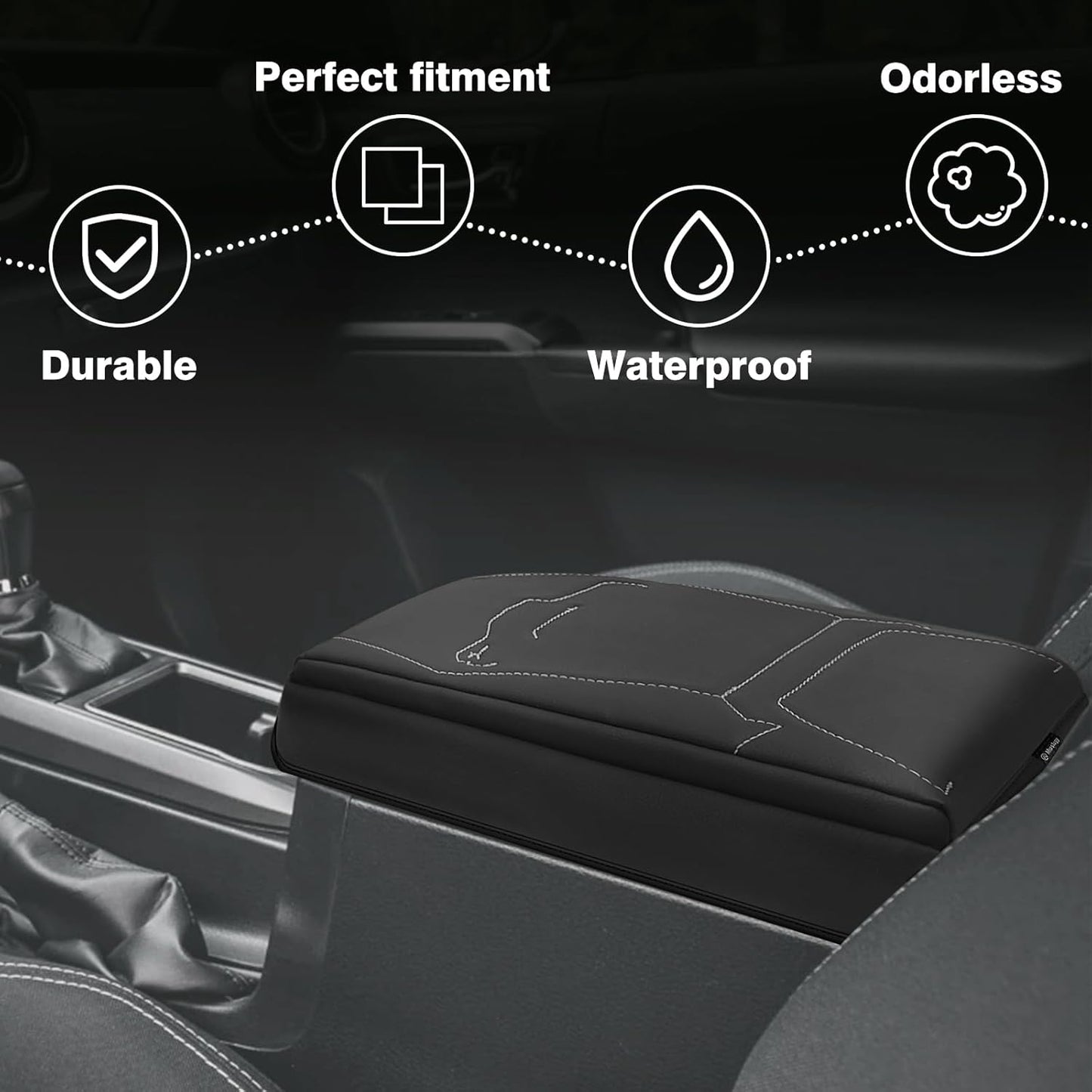Muslogy Center Console Armrest Cover Compatible with 2024+ Toyota Tacoma 2025+ 4Runner Accessories Armrest Lid Protector Vegan Leather Cushion 1-Inch Extra Thick(Black/Gray Stitching)
