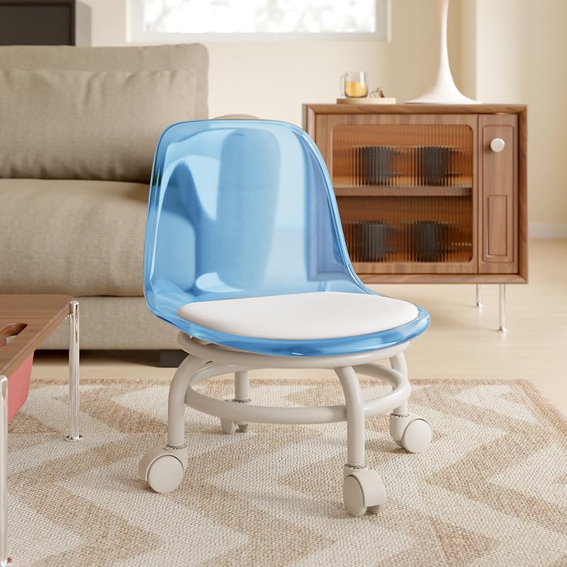 Low Rolling Stool with Wheels,Mini Rolling Garage Stool with Back Support,360° Rotating Floor-Friendly Wheels for Home, Office,Garage & Salon (Transparent Blue)