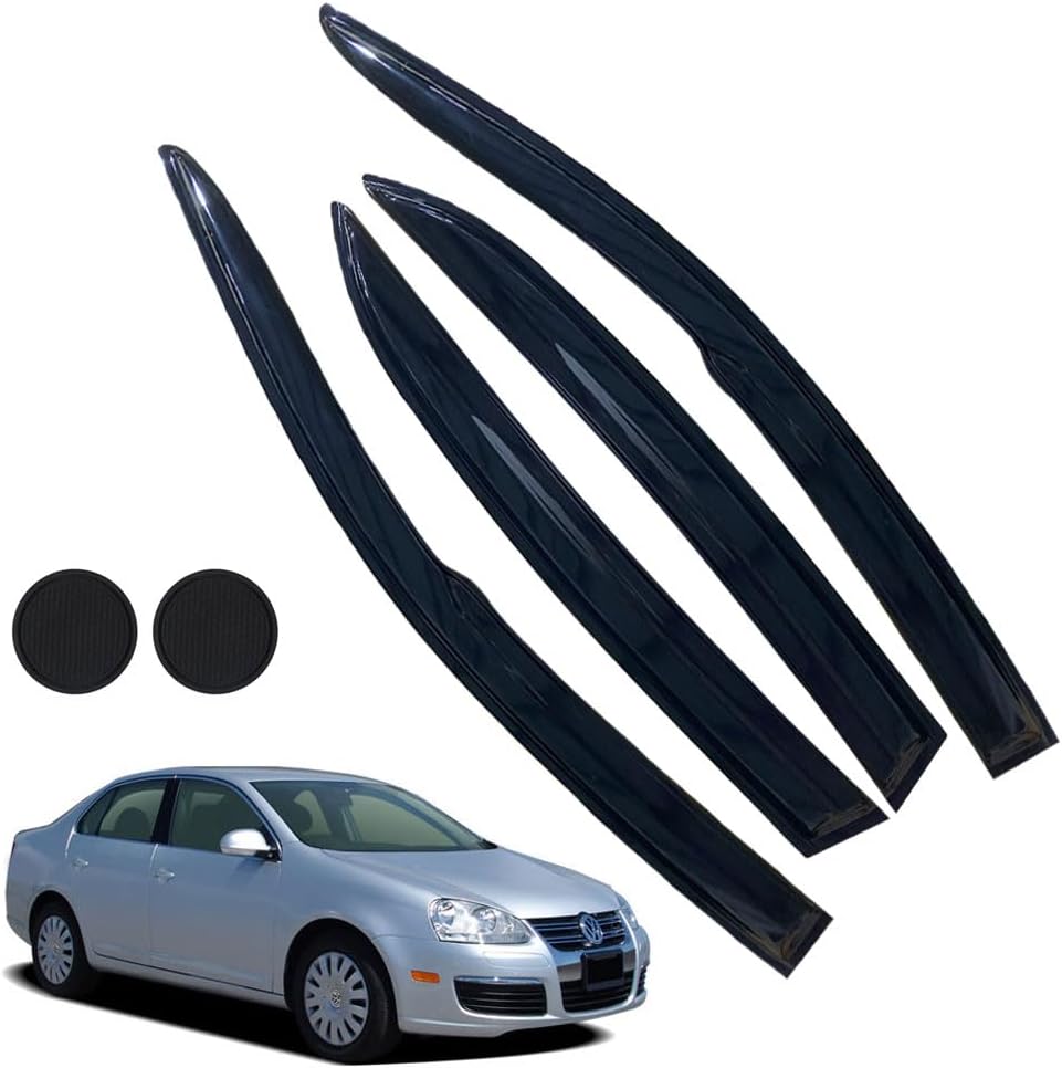 Rain Guards for Volkswagen VW Jetta 2006-2010, Tape-on Side Window Deflectors for Volkswagen Jetta, Window Visors for Volkswagen Cars, for Volkswagen Car Accessories 4 Rain Guards ＆ 2 Car Coasters