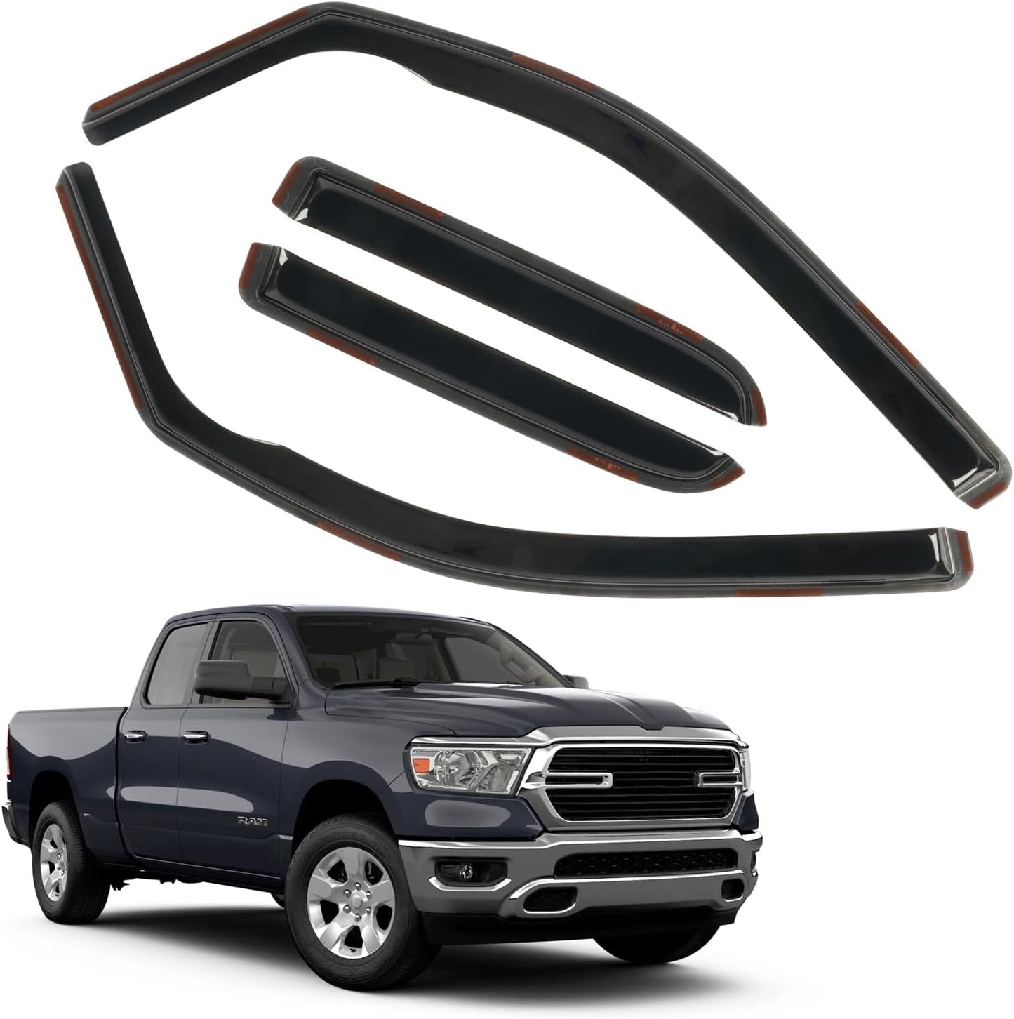 4 PCS in-Channel Rain Guards for Trucks 2019-2024 Dodge Ram 1500 Quad Cab, Smoke Tinted Window Deflectors, Extra Durable Vent Window Visors, Vent Shade Shield 2020 2021 2022 2023