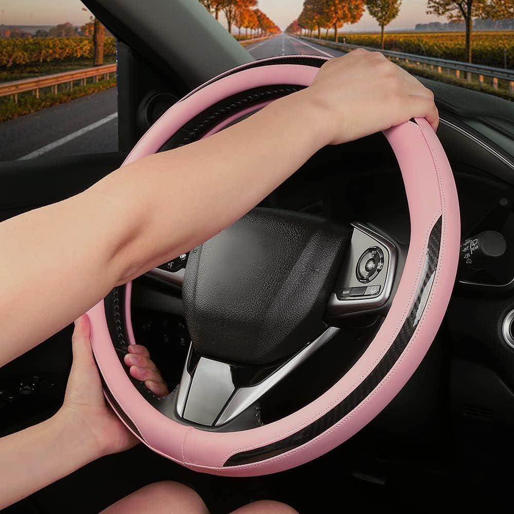 New Leather Car Steering Wheel Cover, Non-Slip Car Wheel Cover Protector Breathable Microfiber Leather Universal Fit for Most Cars