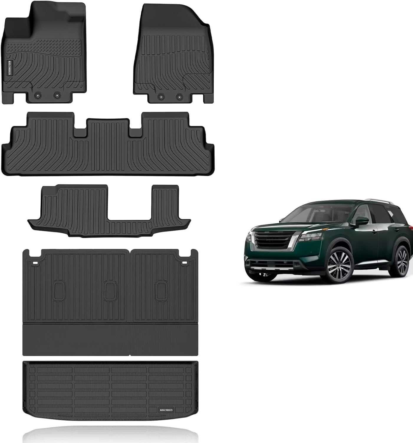 KELCSEECS® Floor Mats & Cargo Liner with Seatback Mats Custom for Nissan Pathfinder 2022-2025 8 Seat/Infiniti QX60 7 Seat All Weather Protection TPE Floor Liners Full Set Pathfinder Accessories Black