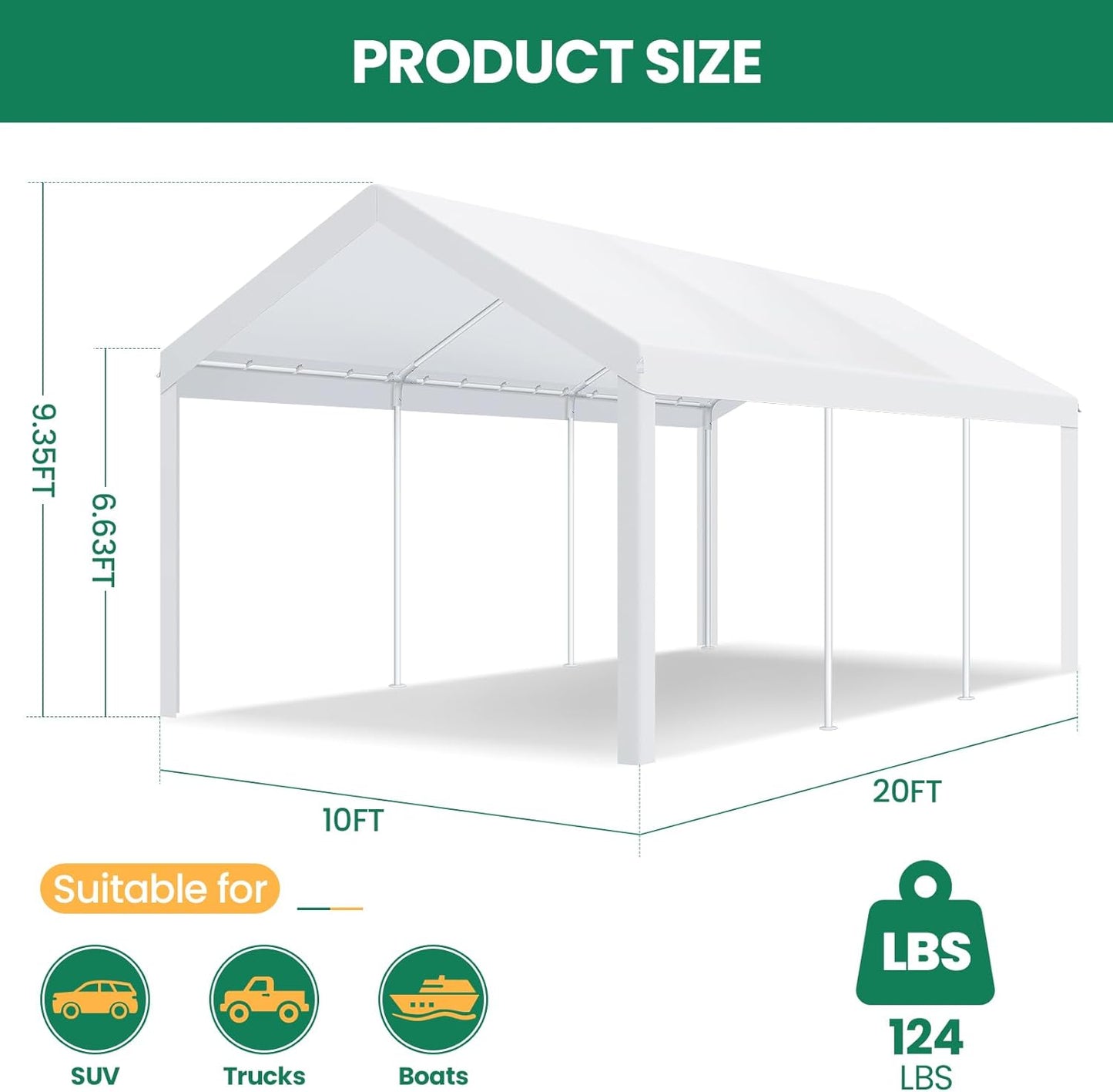 COBIZI Carports 10x20 Heavy Duty Car Tent Garage, Galvanized Frame Car Canopy Outdoor Shelter Waterproof & UV Protected with Windproof Ropes & Built-in Sandbags for Car Truck Boat, White