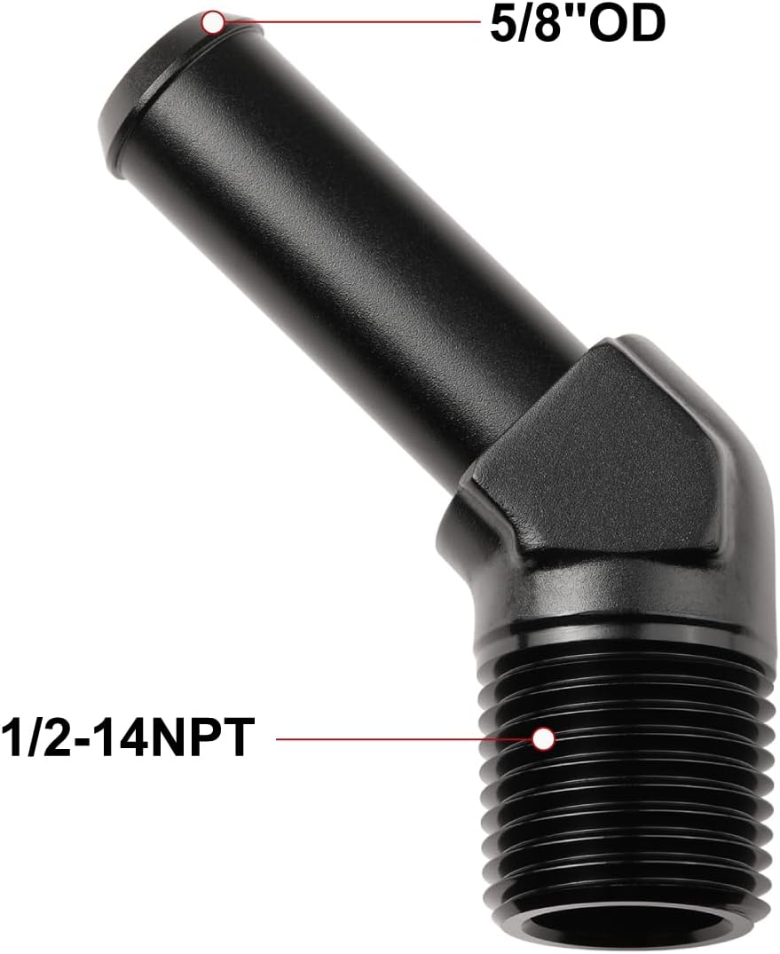 1/2 NPT Male to 5/8" Hose Barb Fitting Adapter 45 Degree Elbow Aluminum Black