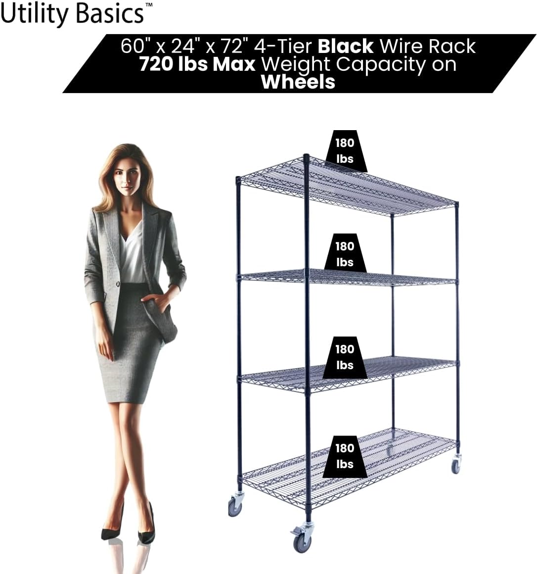 60"x24"x72" Premium Metal Steel 4-Tier Wire Shelving NSF 3200 LBS MAX Capacity Heavy Duty Storage Rack for Hospitals, Schools, Commercial Spaces, and Garages w/Premium Wheels