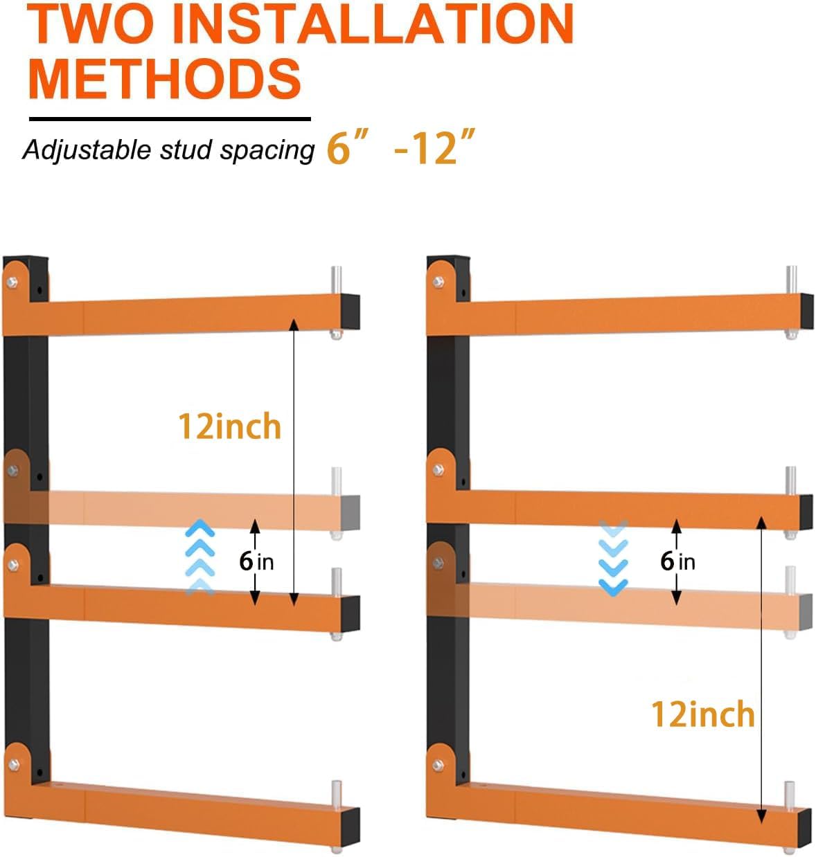 Lumber Storage Rack Wall-Mounted Lumber Racks Heavy Duty Wood Storage Rack with 6-Level Holds Up 720 LBS Sturdy Folding Garage Wood Organizer Orange Shelving Metal Shelf for Indoor & Outdoor- 4 Pack