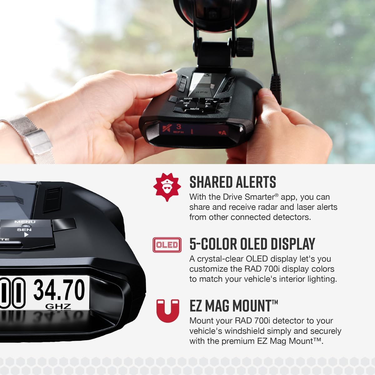 Cobra RAD 700i Laser Radar Detector - Premium Detection Range, AutoLearn Intelligence, Advanced Filtering Software, Apple CarPlay and Android Auto Compatible, Laser Eye Front and Rear Detection