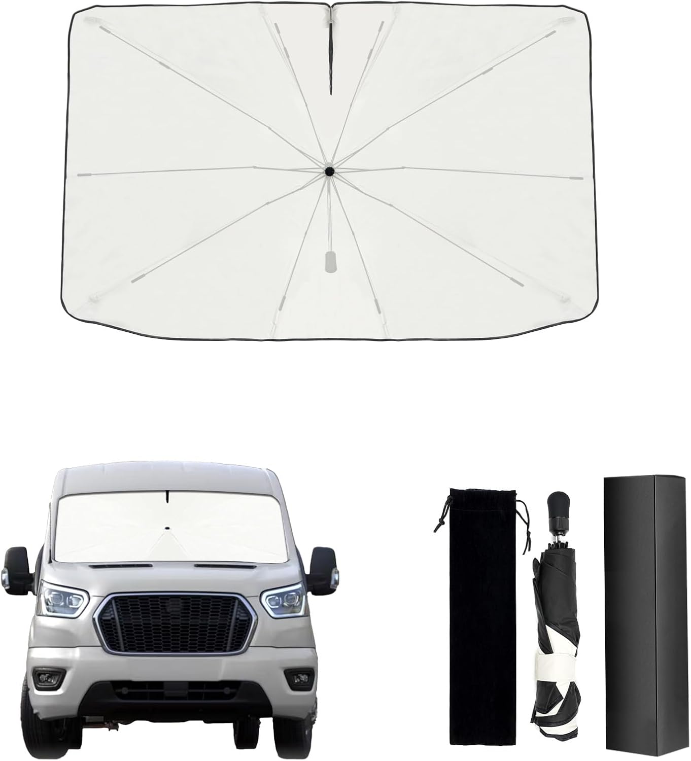 Umbrella Sunshade for Ford Transit 150 250 350 Accessories 2015-2023 2024 2025, Foldable Windshield Cover Sun Shade Umbrella Visor with UV Block Windshield (for Ford Transit 2015-2025)