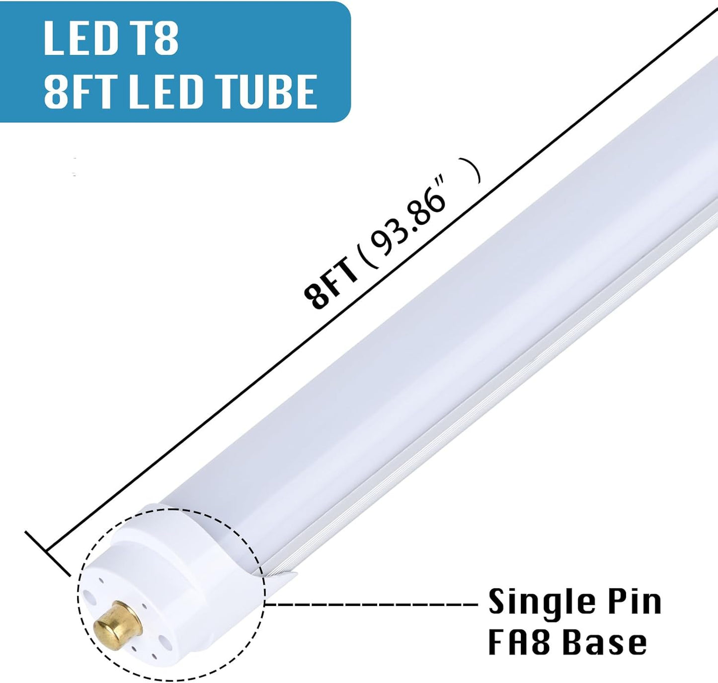 25-Pack, 8 Foot LED Bulbs, 100W 15000lm 6000K Cold White, Super Bright, T8 T10 T12 LED Tube Lights, FA8 Single Pin LED Lights, Frosted Cover, 8 Foot LED Bulbs to Replace Fluorescent Light Bulbs