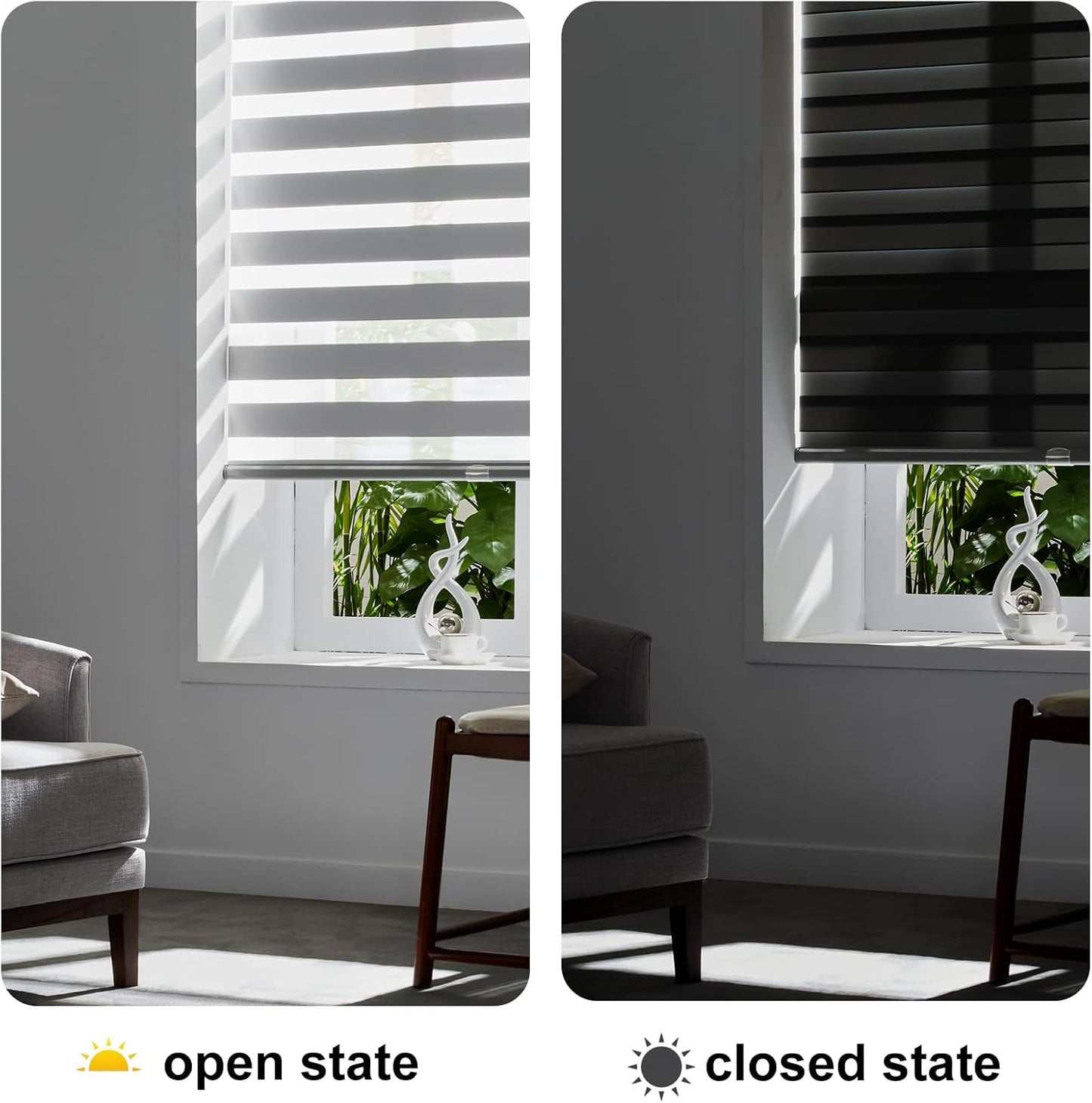 Persilux Cordless Zebra Blinds for Windows Free-Stop Roller Windows Shades (36" W X 47" H, Grey) Dual Layer Light Control for Day and Night, Light Filtering Sheer Shades for Home