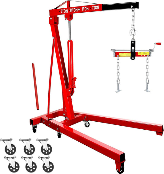 2 Ton Engine Hoist, Folding Hydraulic Cherry Picker Engine Hoist, 60.6x37x56.2 Inch Alloy Steel Hydraulic Lift with Lever, 6 Swivel Wheels and Engine Leveler, Garage Auto Repair Tools (Red)
