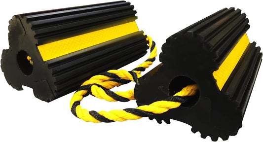 ROBLOCK Heavy Duty Wheel Chocks, Rubber Wheel Block Non-Slip Base with Nylon Rope Yellow Reflective Tape - 1 Pair Black, Wheel Stoppers for Travel Trailers, RV, Aircraft, Car, Camper, Truck