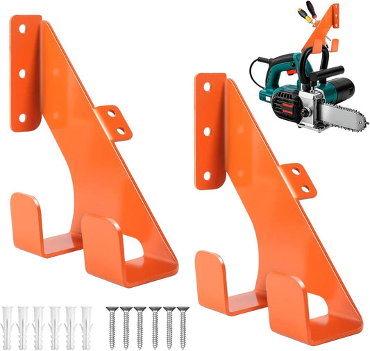 Chainsaw Hanger, Heavy Duty Chain Saw Stand 3-in-1 Wall Mount with Accessory Tool Hooks for Garage Shed Organizer Storage, Includes Mounting Hardware (2 Pack)