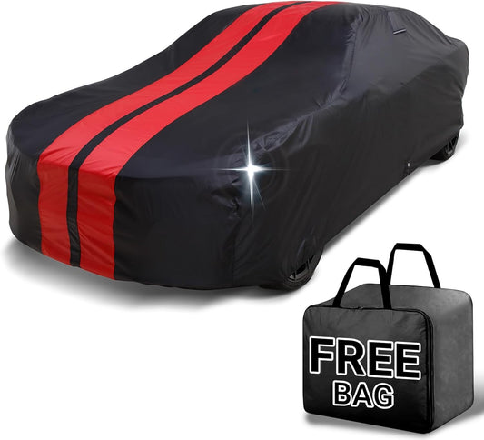 iCarCover Custom Car Cover for Chevy Chevelle Wagon (1973-1977) Waterproof All Weather Rain Snow UV Sun Protector Full Exterior Indoor Outdoor Car Cover (Stripe - Black/Red)