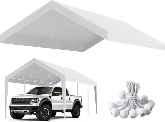 10'x20' Canopy Replacement Cover, Beefull Carport Replacement Canopy for Car Garage, Waterproof & UV Protected Tarp with Ball Bungees, White (Frame is not Included)