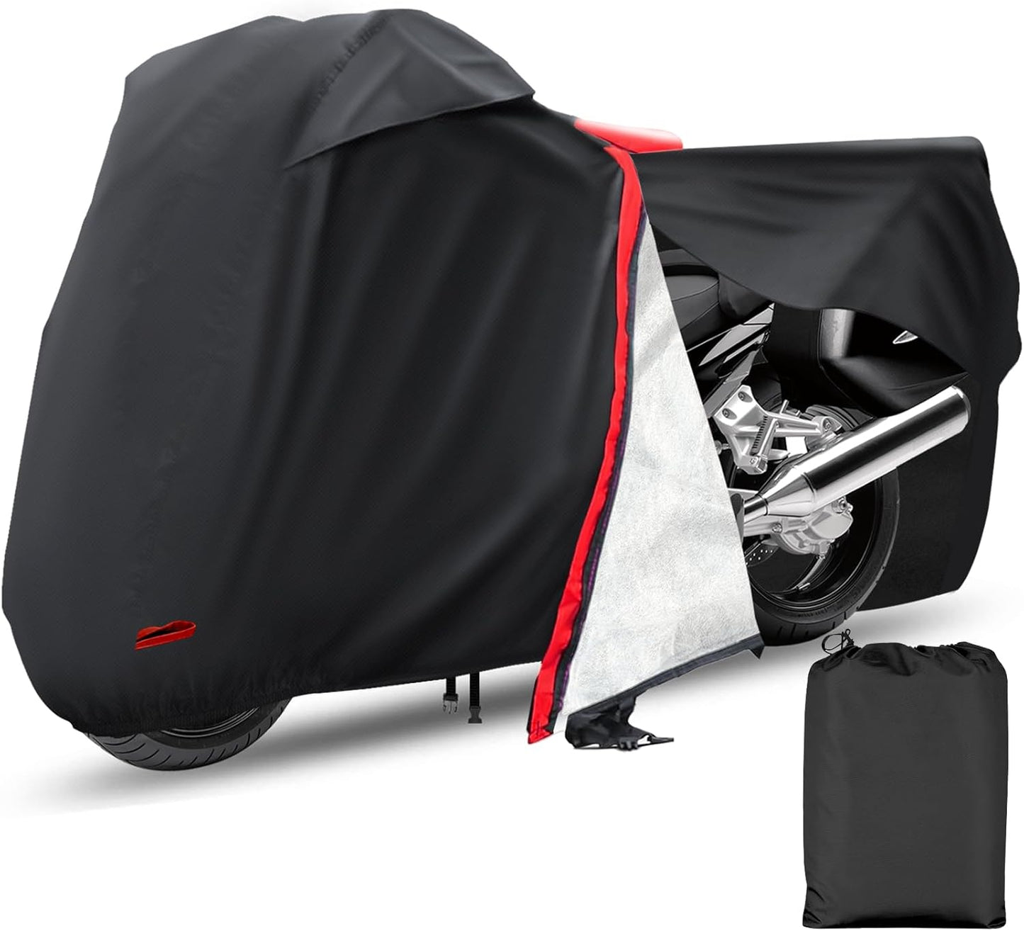 Motorcycle Cover,Waterproof Zipper Outdoor Cover for All Seasons Windproof, High Heat Resistance Dustproof and Rainproof Snowproof(Red Zipper L Fits Up to 91 inch)