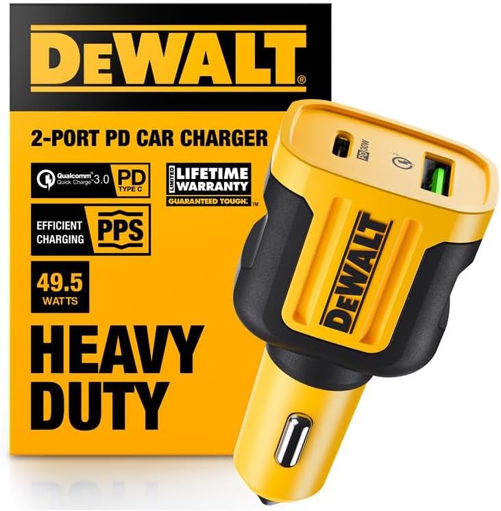DEWALT Heavy Duty USB + USB C Car Charger Adapter, 49.5W Cigarette Lighter USBA Charger, PD Car Charging Adapter PPS 30W Quick Charge 3.0 Fast Charging for iPhone 16/15 Pro Max, Samsung Galaxy, Pixel