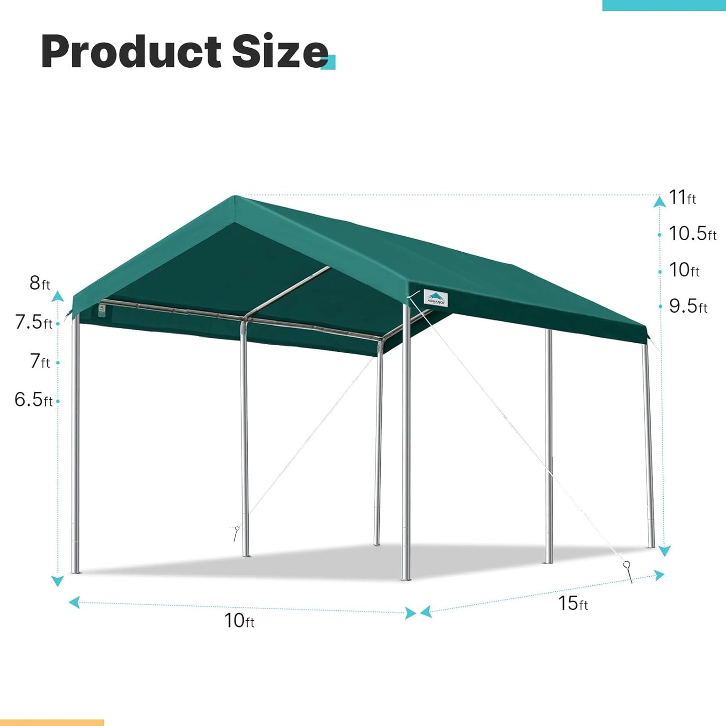 ADVANCE OUTDOOR Adjustable 10x15 ft Heavy Duty Carport Car Canopy Garage Boat Shelter Party Tent, Adjustable Height from 9.5 ft to 11 ft, Green