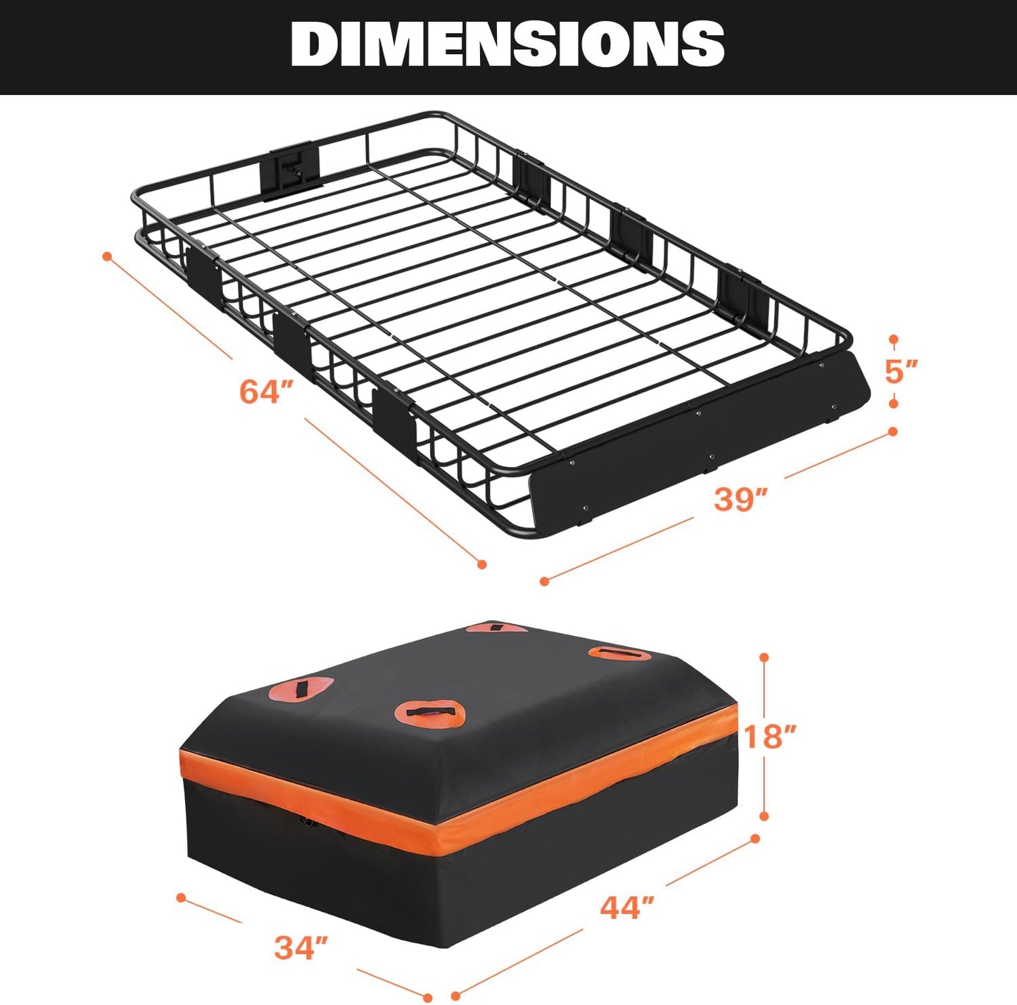 WEIZE Roof Rack Carrier Basket Universal Rooftop 64" x 39" x 5" Large Size Roof Rack + Waterproof Bag, Cargo Net with Attachment Hooks, Ratchet Straps for SUV, Truck