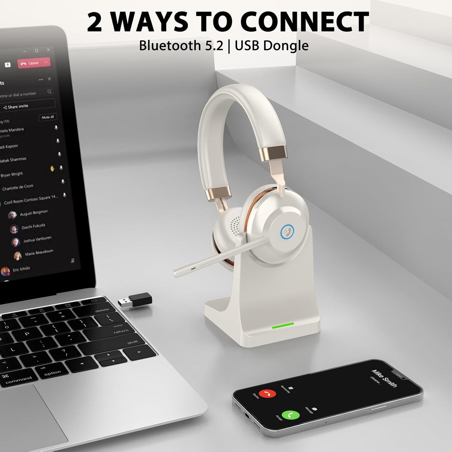 Wireless Headset with Mic for Work, Bluetooth Headset with Microphone Mute & Charging Dock, V5.2 Wireless Headphones with Mic Noise Canceling & USB Dongle, 45Hrs for Work/Meetings/Call Center/Office