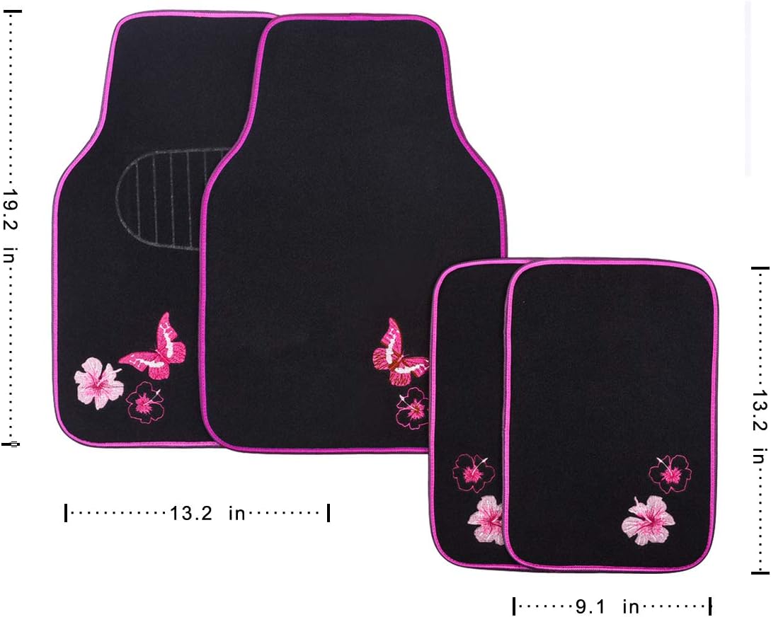 CAR PASS Embroidery Butterfly and Flower Car Floor Mats, Pink Car Floor Mats Universal Fit 95% Automotive,SUVS,Sedan,Vans,for Cute Women,Girly,Set of 4 (Black with Pink)