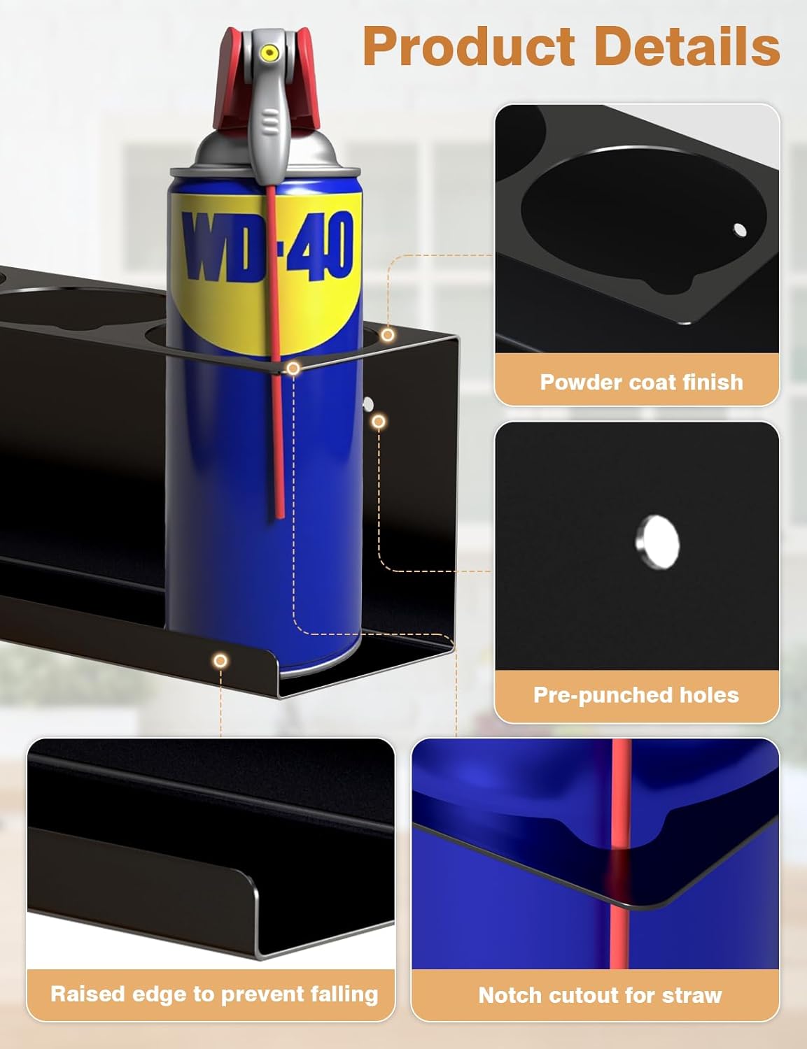 4 Pack Spray Can Holder Organizer, Wall-Mounted Steel Spray Bottle Rack, Tool Box Storage Rack, 5 Cans Metal Paint Can Organizer for Garage, Workspace, Shop, Home or Tool Trailer, Black