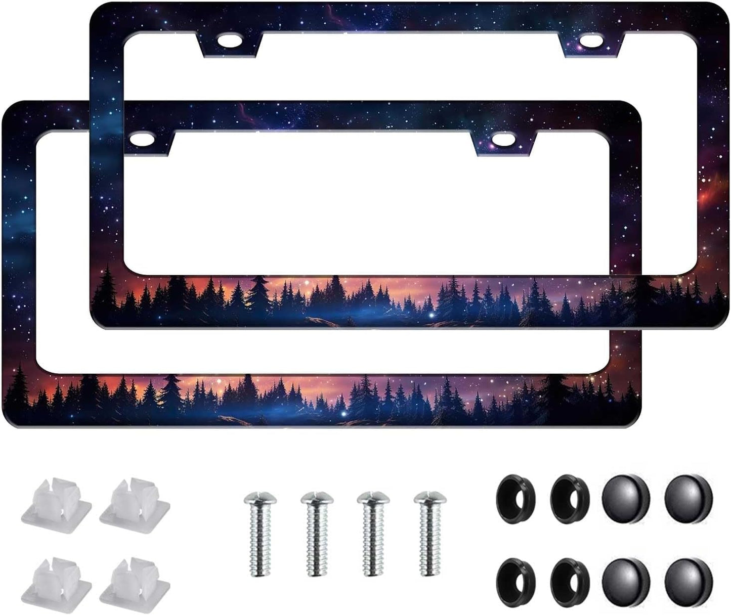 Universal License Plate Frame - Heavy Duty Rustproof Aluminum Matte Black Car Tag Holder Bracket Fits All US States, Easy Install with Screws Included (Starry SkStarry Sky Galaxy-2pcy Galaxy-2pc)