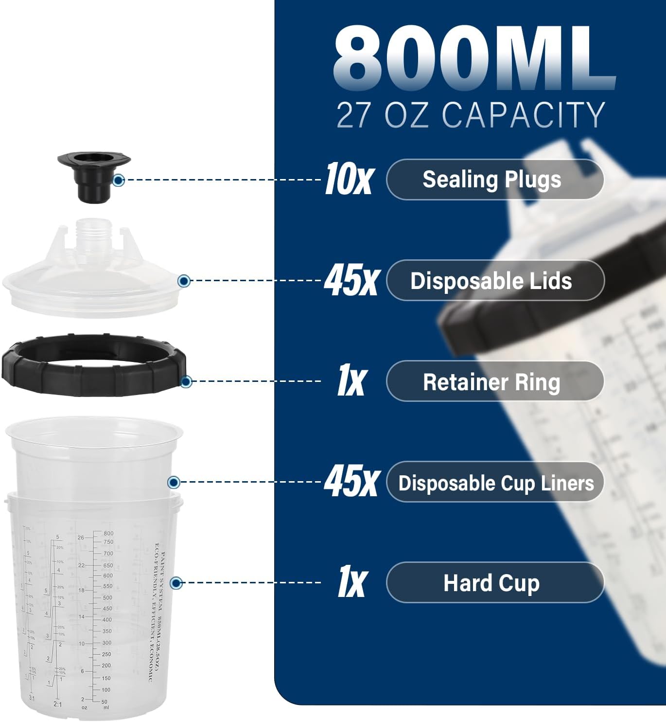 Disposable Paint Spary Gun Cups(800 ML/27 OZ), Spray Paint Cup Kit with 45 Cup Liners, 45 Lids, 10 Sealing Plugs, 1 Retainer Ring, 1 Hard Cup