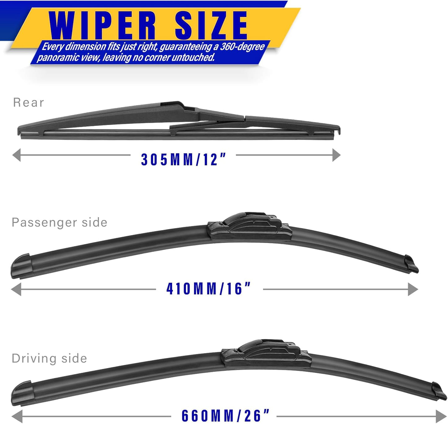 3 wipers Replacement for 2019-2022 2023 Toyota rav4/2006-2015 Mazda 5, Windshield Wiper Blades Original Equipment Replacement - 26"/16"/12" (Set of 3) U/J HOOK