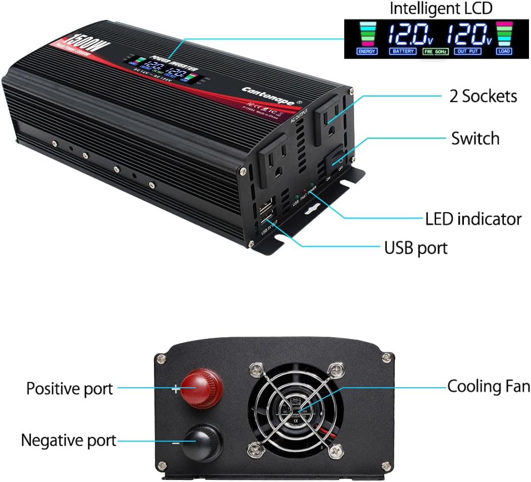 1500W Power Inverter 12V to 110V/120V Car Charger Converter with LCD Display, 3.1A Dual USB Ports 2 AC Outlets Car Adapter, Cigarette Lighter for Truck Vehicle Black