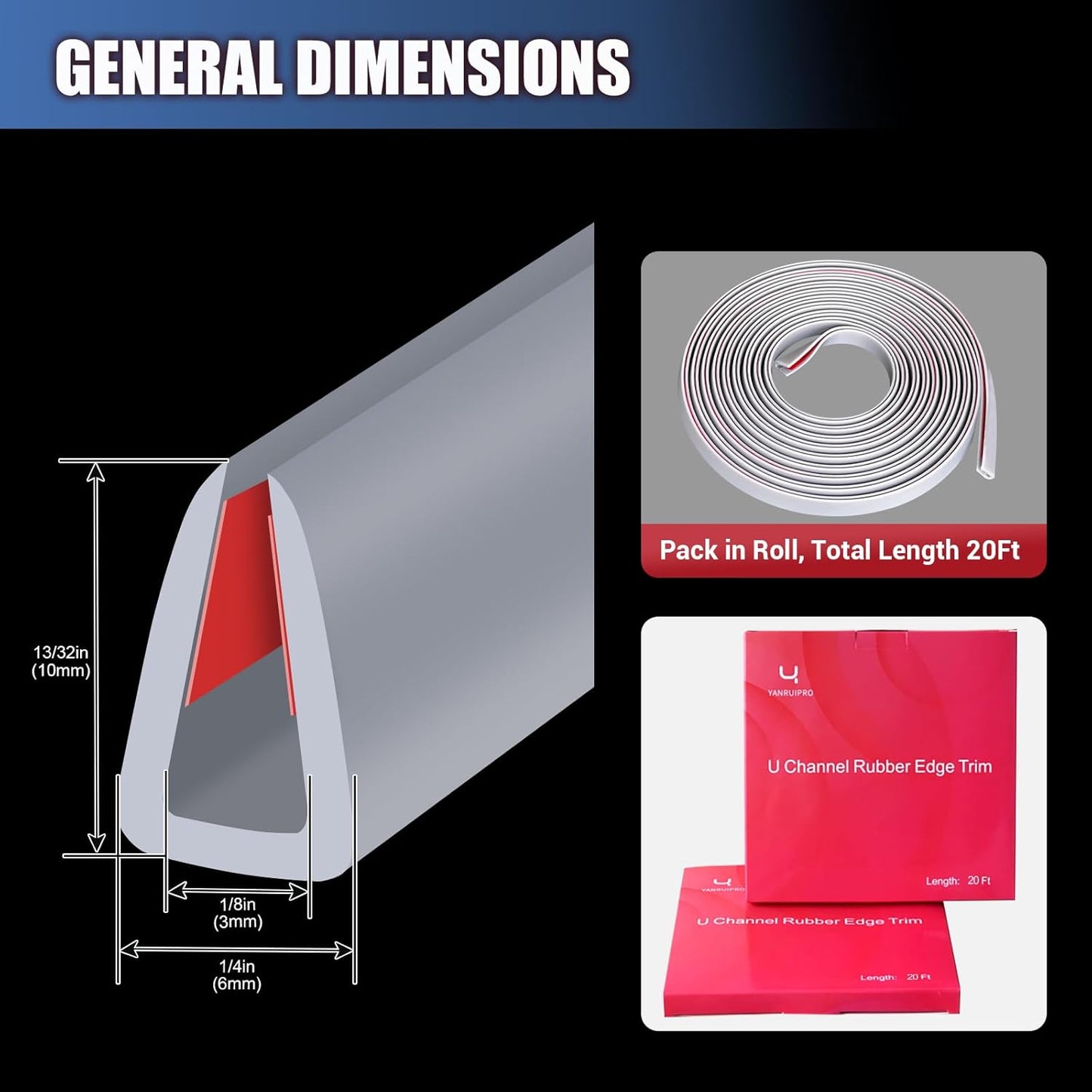 Rubber Edge Trim, Flexible Edge Trim for Sharp Edge, 1/8" U Channel Edge Protector, Self Adhesive Edge Guards for Plywood and Sheet Metal Parts, 20Ft, Grey Color