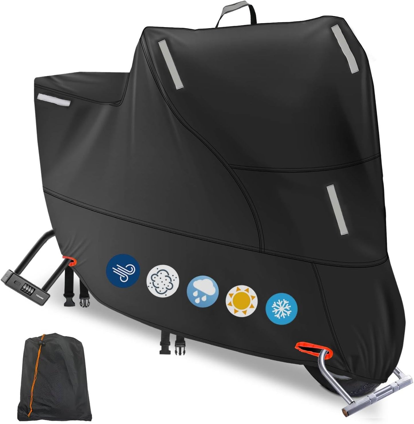 Motor Bike Cover Waterproof Outdoor, Motorbike Scooter Moped Cover Sun Rain Dust Protection with 5 Reflective Strips and 2 Fixed Buckles, 2 Lock-Holes for Most Motorcycles (L: 81x37x43 inch)