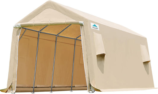 ADVANCE OUTDOOR Heavy Duty Carport 10X20 ft Outdoor Patio Portable Canopy Storage Shelter Shed with 2 Rolled up Zipper Doors & Vents for Snowmobile Garden Tools, Beige
