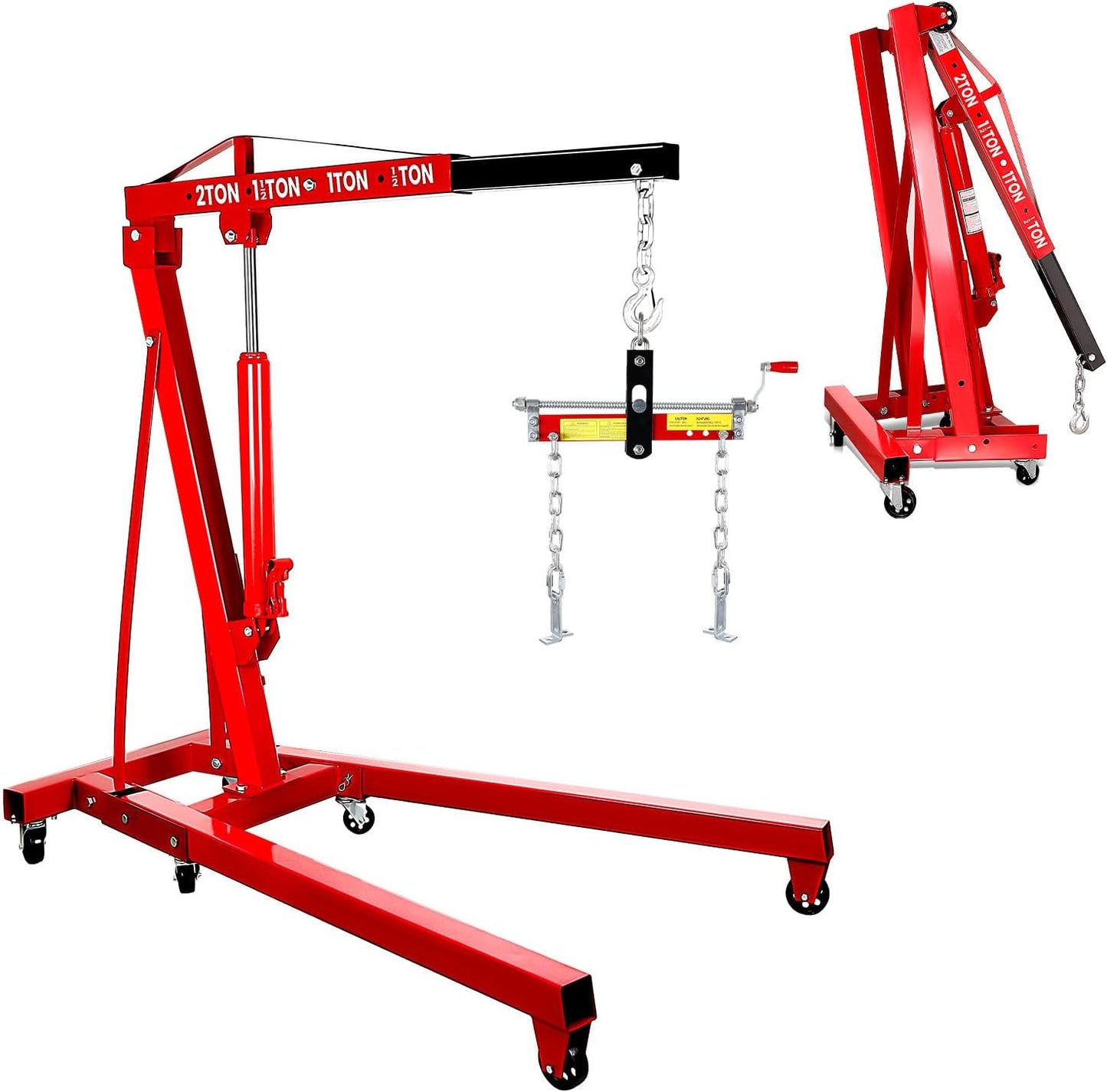 Engine Hoist Cherry Picker with Leveler, 2-Ton Folding Hydraulic Workshop Crane Lift with 6 Swivel Wheels and Telescopic Boom, 4400 Lbs Capacity Heavy-Duty Crane for Garage, Automotive Repair (Red)