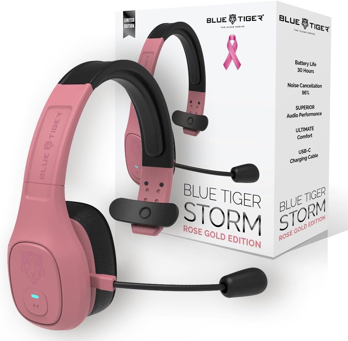 Blue Tiger Storm Rose Gold - Premium Trucker Bluetooth Headset-Wireless Noise Canceling Mono Headset with Mic -High-Fidelity Sound, 30-Hour Talk Time, USB-C Charging - For Truck Drivers, Bluetooth 5.0