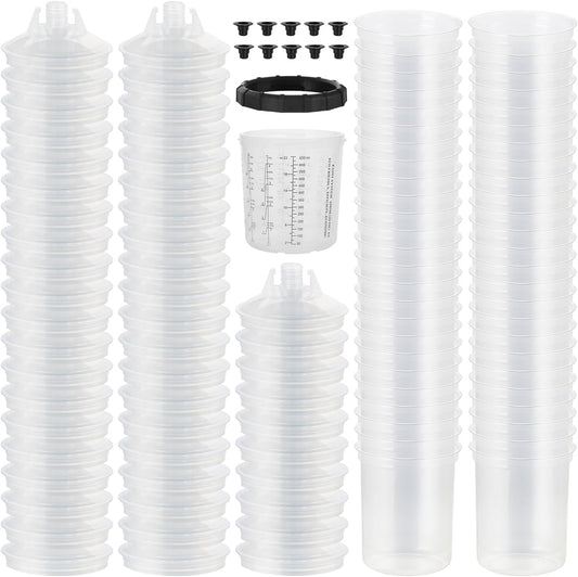 Disposable Paint Spary Gun Cups(650 ML/22 OZ), Spray Paint Cup Kit with 50 Cup Liners, 50 Lids, 10 Sealing Plugs, 1 Retainer Ring, 1 Hard Cup