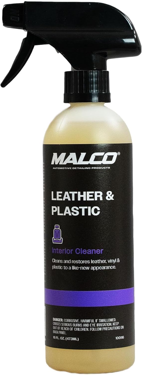 Malco Leather & Plastic Cleaner – Penetrates Deep to Remove Dirt, Grime and Oily Soils/Restores Leather, Plastic and Vinyl/Leaves Surfaces Clean, Shiny and Film-Free / 16 Oz. (100116)