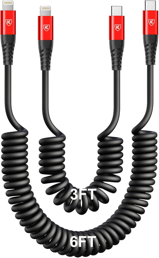 USB Type C to Lightning Cable [3FT/6FT], 2Pack Coiled iPhone Charger Cable Fast Charging for Car [Apple MFi Certified] Short USBC iPhone Cord Compatible with iPhone14/13/12/11/8/Plus/iPad/CarPlay-Red