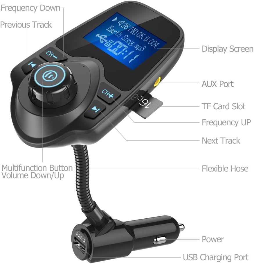 Nulaxy Bluetooth Car FM Transmitter Audio Adapter Receiver Wireless Handsfree Voltmeter Car Kit TF Card AUX 1.44 Display - KM18 Black Matte
