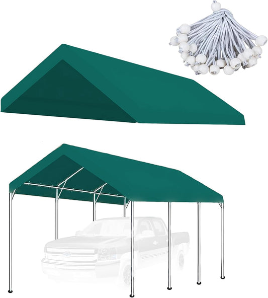 10'x20' Carport Replacement Top Canopy Cover for Car Garage Top Tarp Shelter, Waterproof Car Cover Tent for Party Garden Boat with Ball Bungees (Frame is not Included) (Greem, 10' x 20')